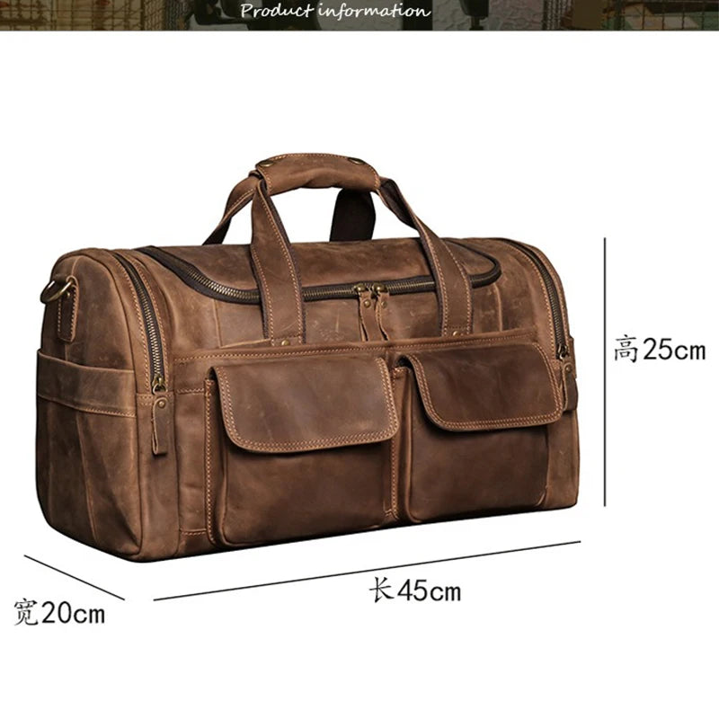 Men's Retro Brown Hand Luggage Bag Quality Crazy Horse Leather Large Capacity Travel Bag Business Weekend Shoulder Messenger Bag ShopOnlyDeal