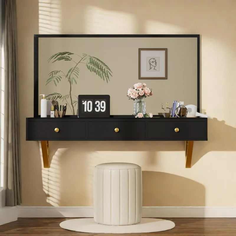 home.Makeup Vanity Vanity Desk with Mirror Classic Floating Shelf with Drawer, Bathroom, Hairdressers, Black ShopOnlyDeal