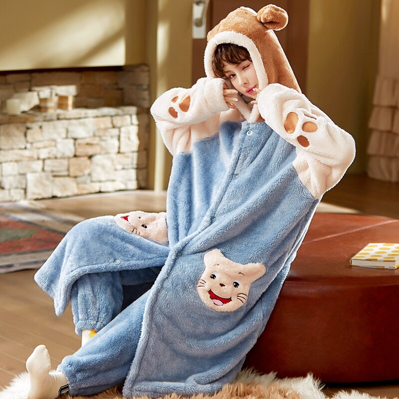 Kawaii Pajamas Women Warm Sweet Hooded Nightgown Winter Flannel Kawaii Home Clothes Female Cute Soft Chic Robes 2XL ShopOnlyDeal