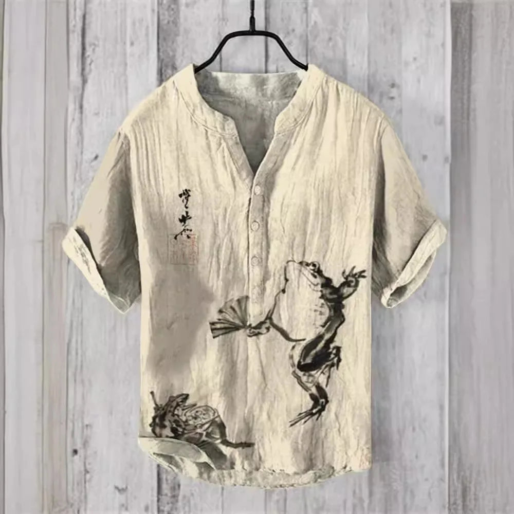 New printed V-neck short-sleeved shirt foreign trade fashion casual loose T-shirt shirt bamboo linen shirt top S-5XL ShopOnlyDeal