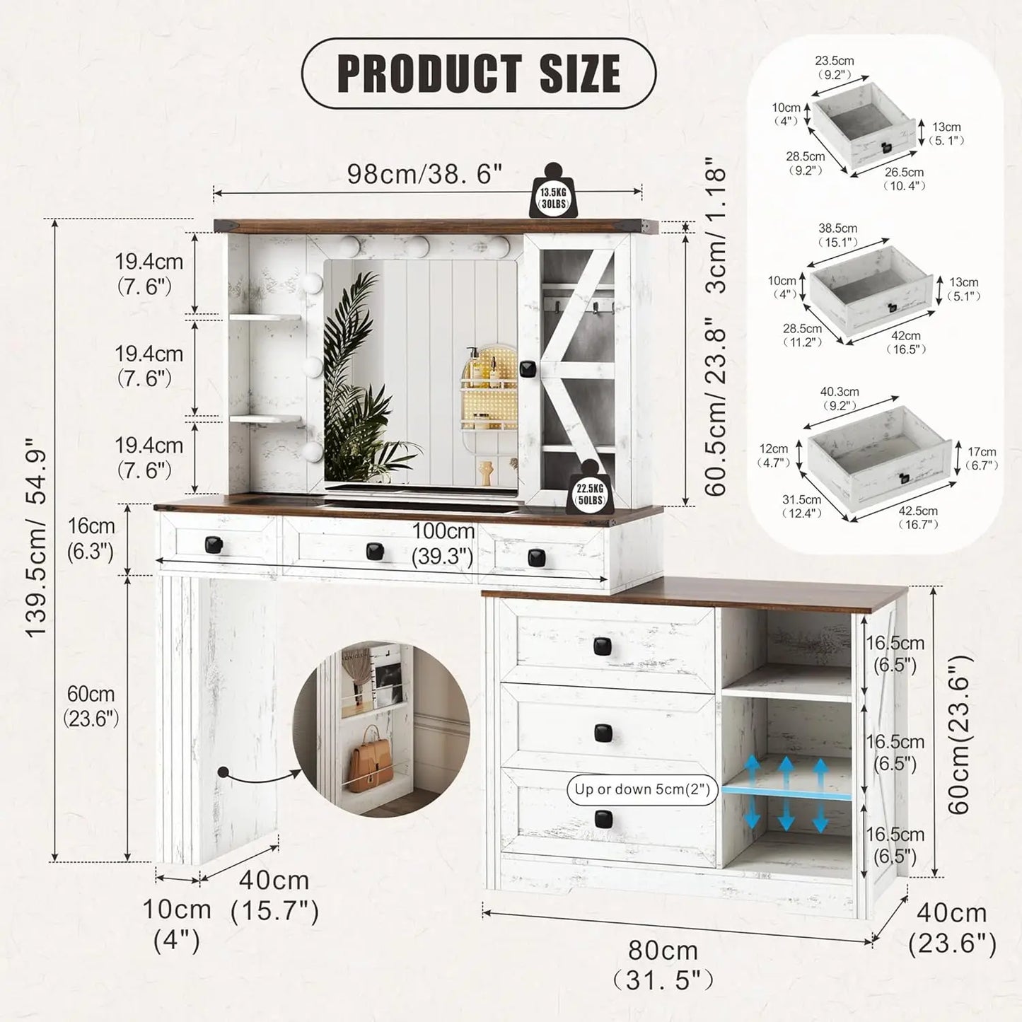 Farmhouse Vanity Desk with Mirror and Lights, Makeup Vanity Table with 6 Drawers/Large Storage,White Dressing Table 3 Colors Adj ShopOnlyDeal