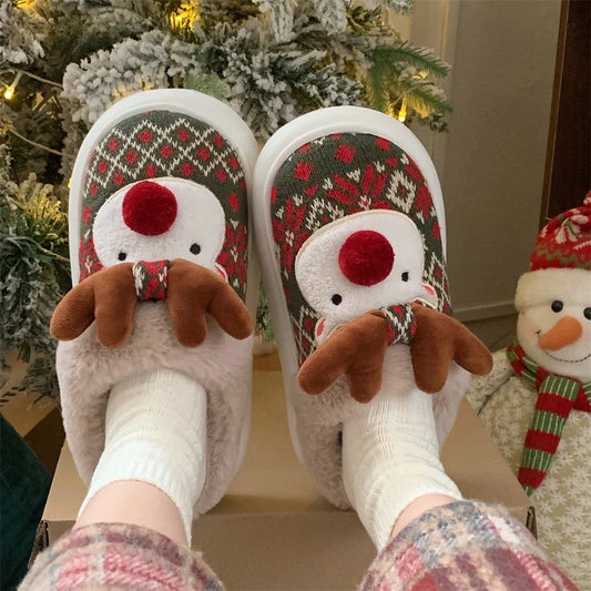 2024 New Christmas Cotton Slippers For Woman Cute Cartoon Deer Anti-slip Girls Indoor Home Floor Shoes Fashion Party Slides ShopOnlyDeal