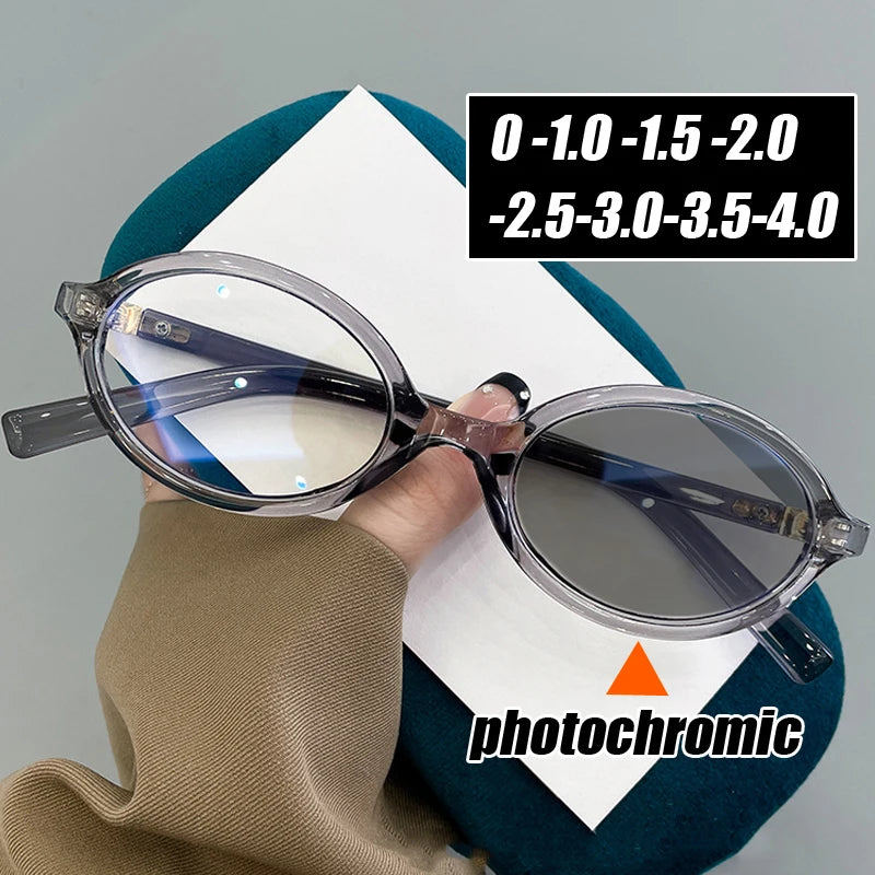 Finished Photochromic Sunglasses with Diopter Fashion Trend Women Men Oval Frame Myopia Glasses Optical Prescription Eyeglasses