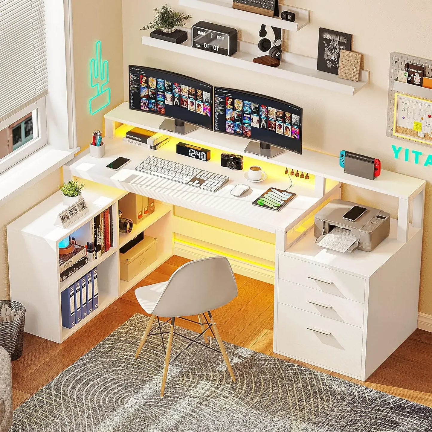 L Shaped Desk with 3 Drawers, 65" Corner Computer Desk with Power Outlets & LED Lights, L-Shaped Desk with File Cabinet ShopOnlyDeal