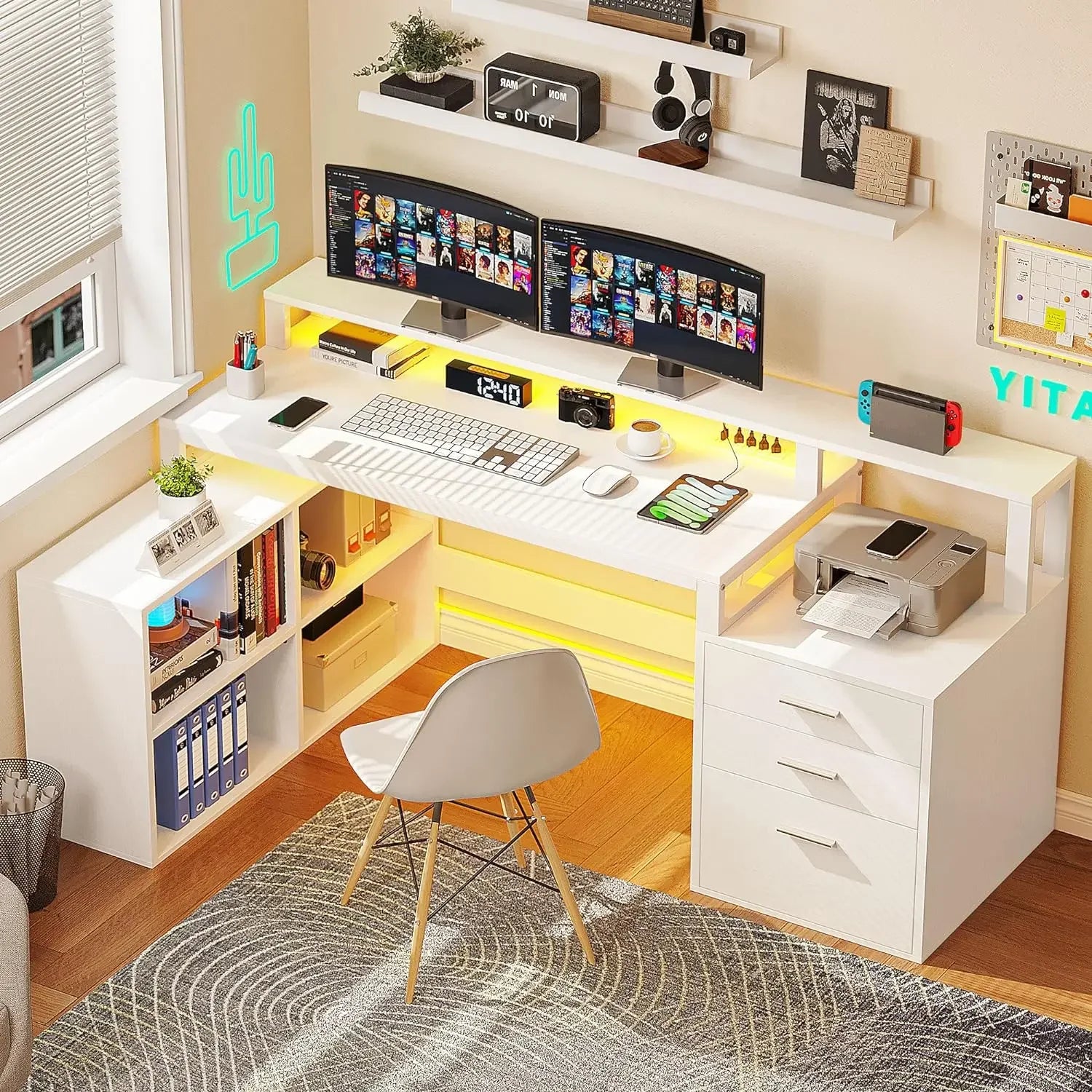 L Shaped Desk with 3 Drawers, 65" Corner Computer Desk with Power Outlets & LED Lights, L-Shaped Desk with File Cabinet ShopOnlyDeal