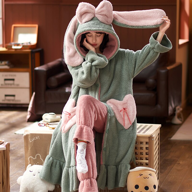 Kawaii Pajamas Women Warm Sweet Hooded Nightgown Winter Flannel Kawaii Home Clothes Female Cute Soft Chic Robes 2XL ShopOnlyDeal