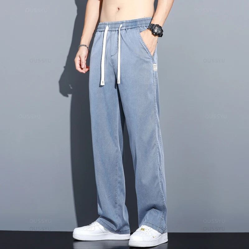 Summer Thin Soft Lyocell Fabric Jeans for Men | Loose Straight Wide Leg Pants | Drawstring Elastic Waist Casual Trousers | Plus Size M-5XL ShopOnlyDeal