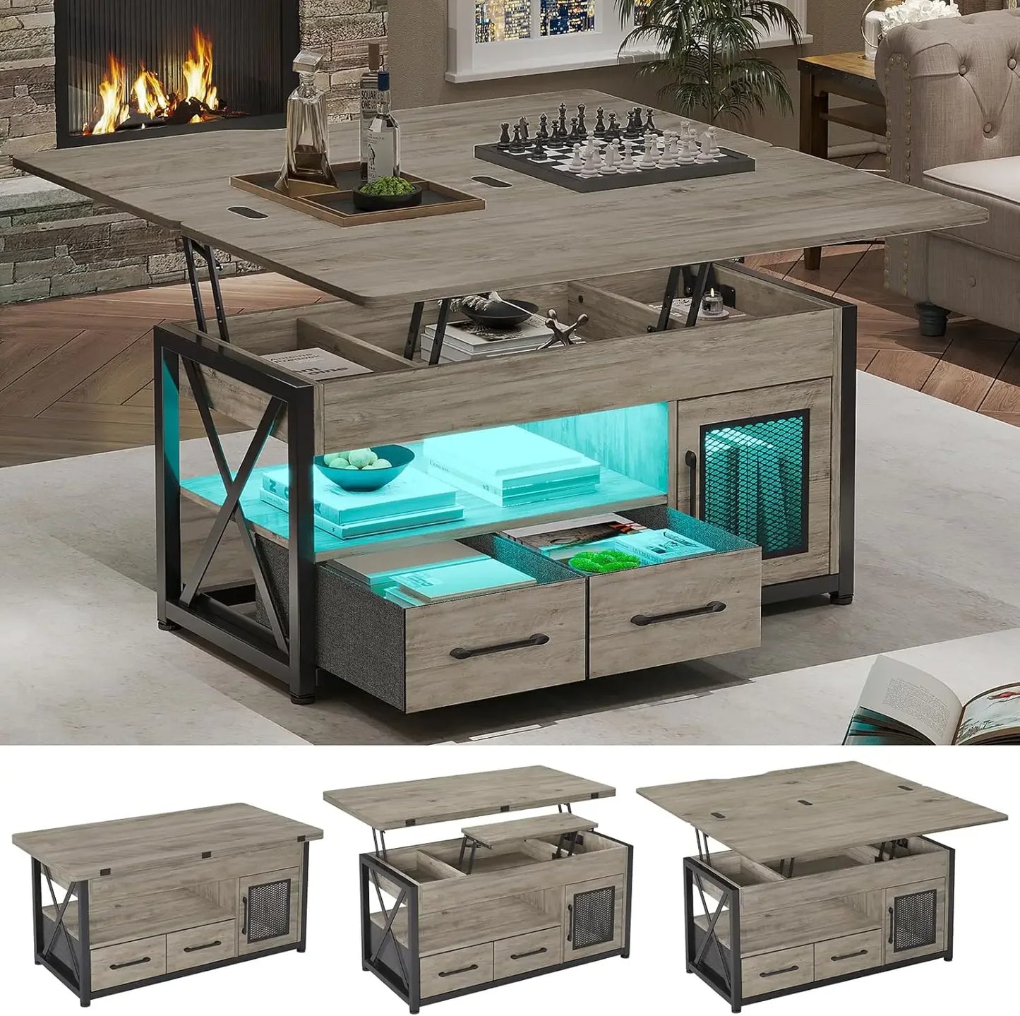 Coffee Tables Lift 4 in 1  with Storage Room, Small Farmhouse Coffee Table with 2 Fabric Drawers & LED Light for Dining Room ShopOnlyDeal