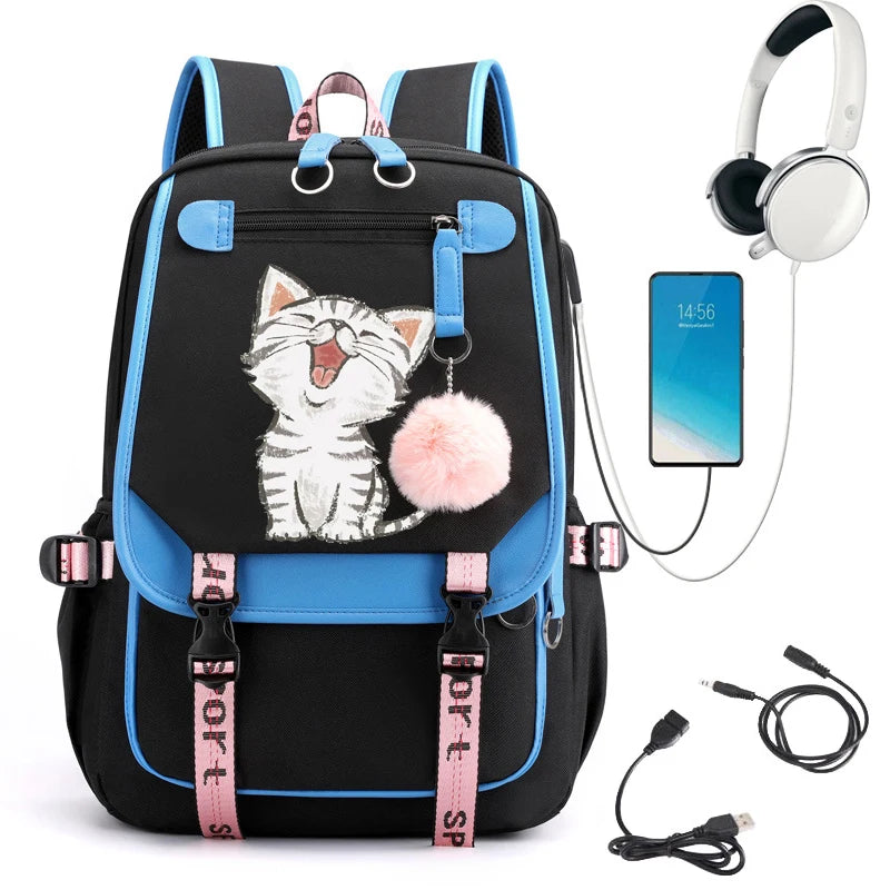 Travel Backpack Kawaii Cat Print | Schoolbag with USB Charging | Large Capacity Laptop Waterproof Bookbag | Fashion Backpack Bags ShopOnlyDeal