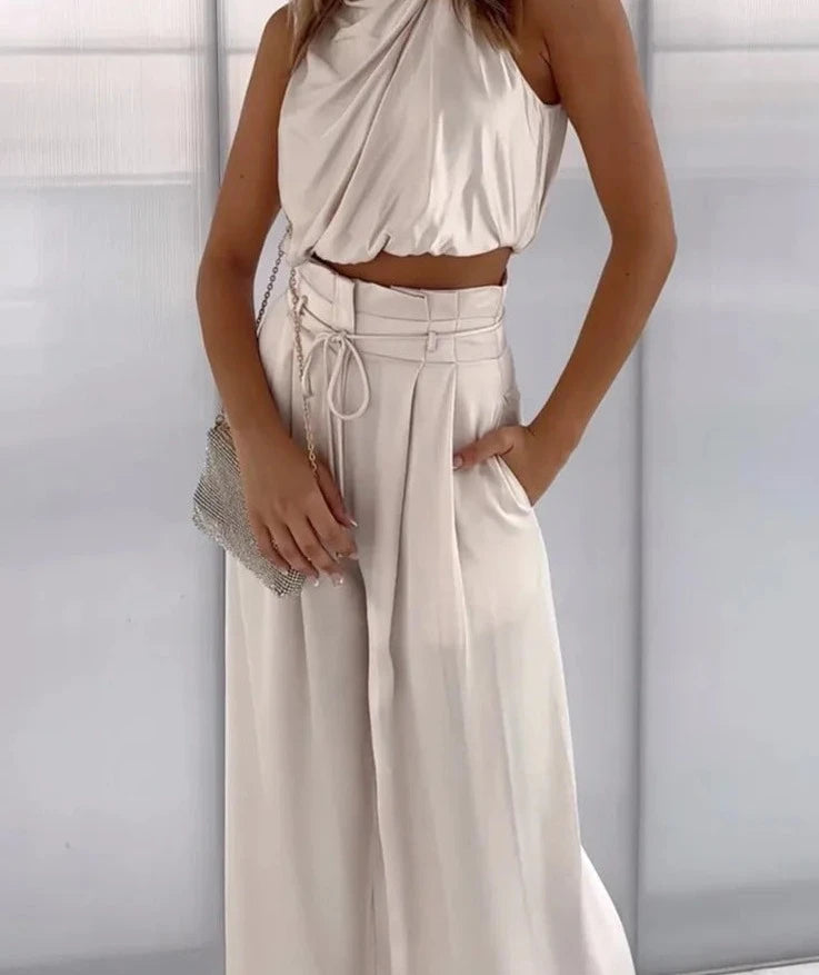 Beige Two Piece Pants Sets Women Outfit Silk Pleated Texture Sleeveless Top Wide Leg Pants Set Summer Matching Sets ShopOnlyDeal