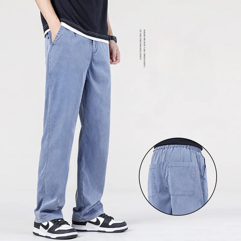 Summer New Baggy Jeans Men's Classic Thin Lyocell Fabric High Quality Straight Casual Pants Soft Denim Trousers Coffee Blue Gray ShopOnlyDeal