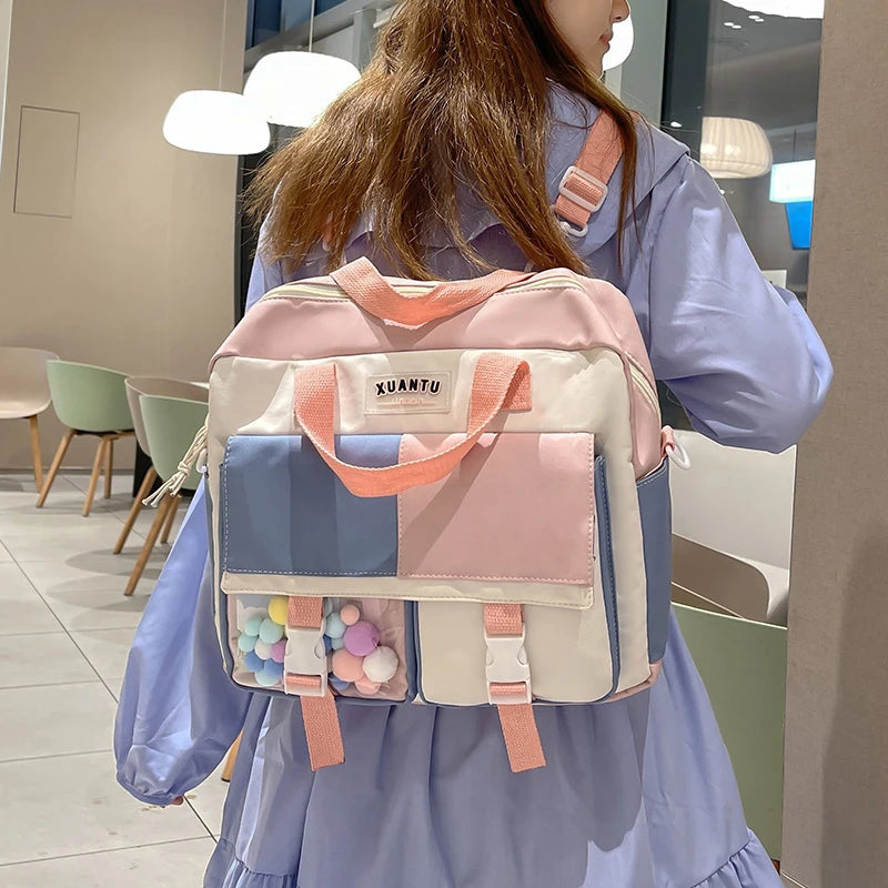 Contrast Color Korean Style Women's Backpack Women's Bag 2022 Trend Multifunctional Schoolgirl's Nylon Fabric School Bag Kawaii ShopOnlyDeal