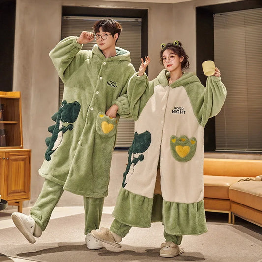 Couple Coral Velvet Pajamas Set Men Sleep Robe&Pants Sleepwear Nightgown Women Cute Cartoon Dinosaur Pijamas--price only 1 PC ShopOnlyDeal