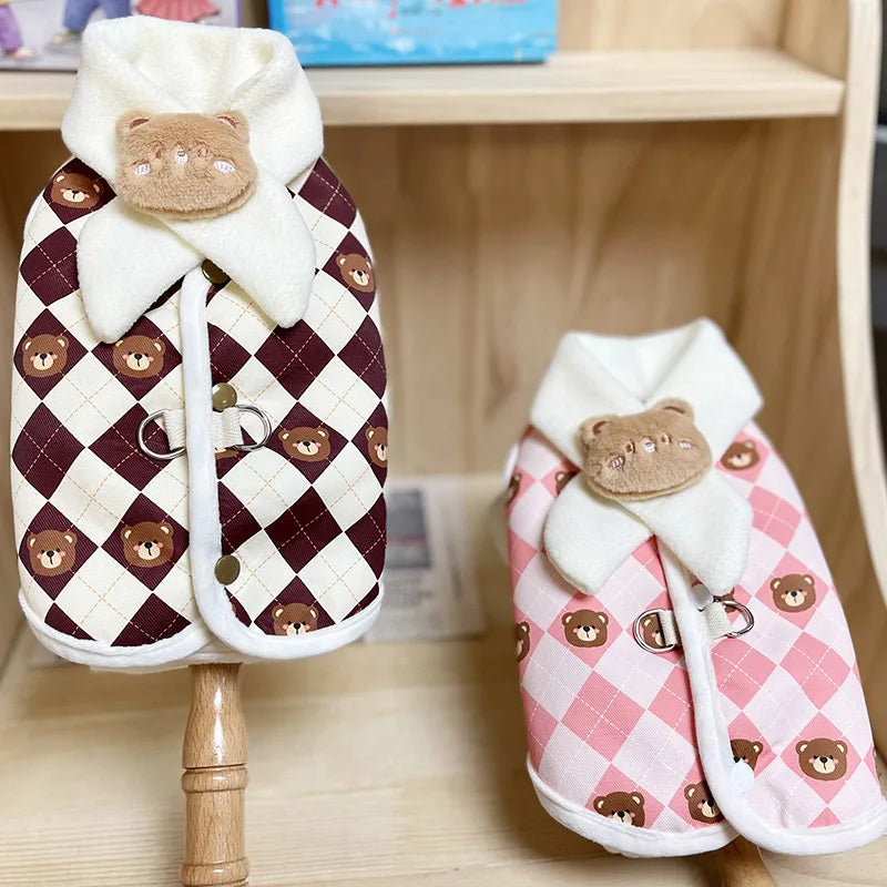 Autumn/Winter Pet Dog/Cat Clothes Diamond Checkered Bear Cotton Coat with Scarf Pet Vest Plush Pullable Coat dog clothes ShopOnlyDeal