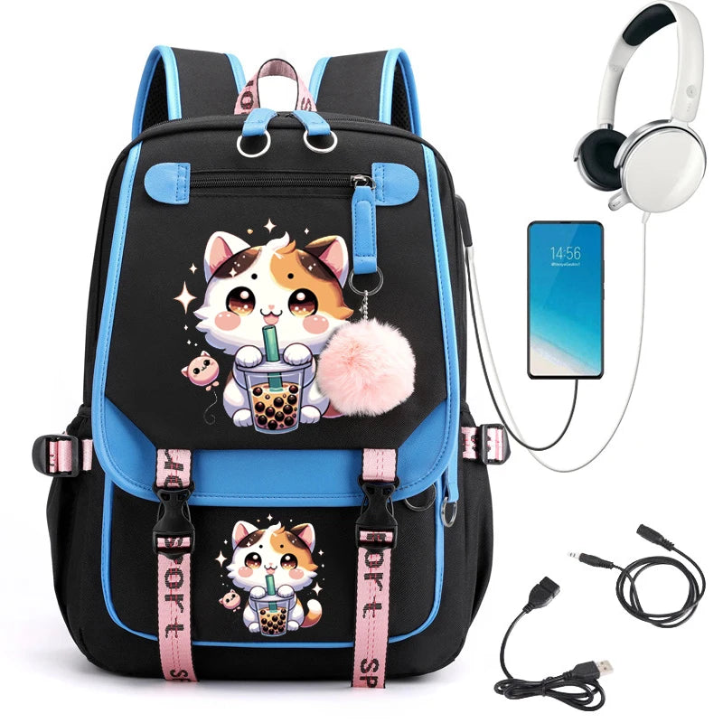 College Students Backpack Girl Travel School Backpack Fashion Leisure Bagpack Boba Anime Cat Laptop School Bags Usb Bookbags ShopOnlyDeal