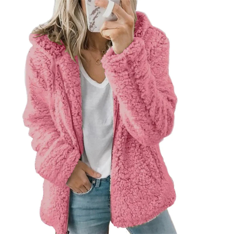 Women Plush Thickened Warm Hoodie Fashion Solid Color Cardigan Hooded Sweatshirt Winter Female Comfortable Casual Outerwear 5XL ShopOnlyDeal