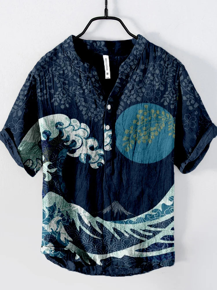 Japanese Pattern Henry Shirt | Men's Casual Short Sleeved T-Shirt | Floral Print Clothing | 2024 Summer New Top | S-5XL ShopOnlyDeal