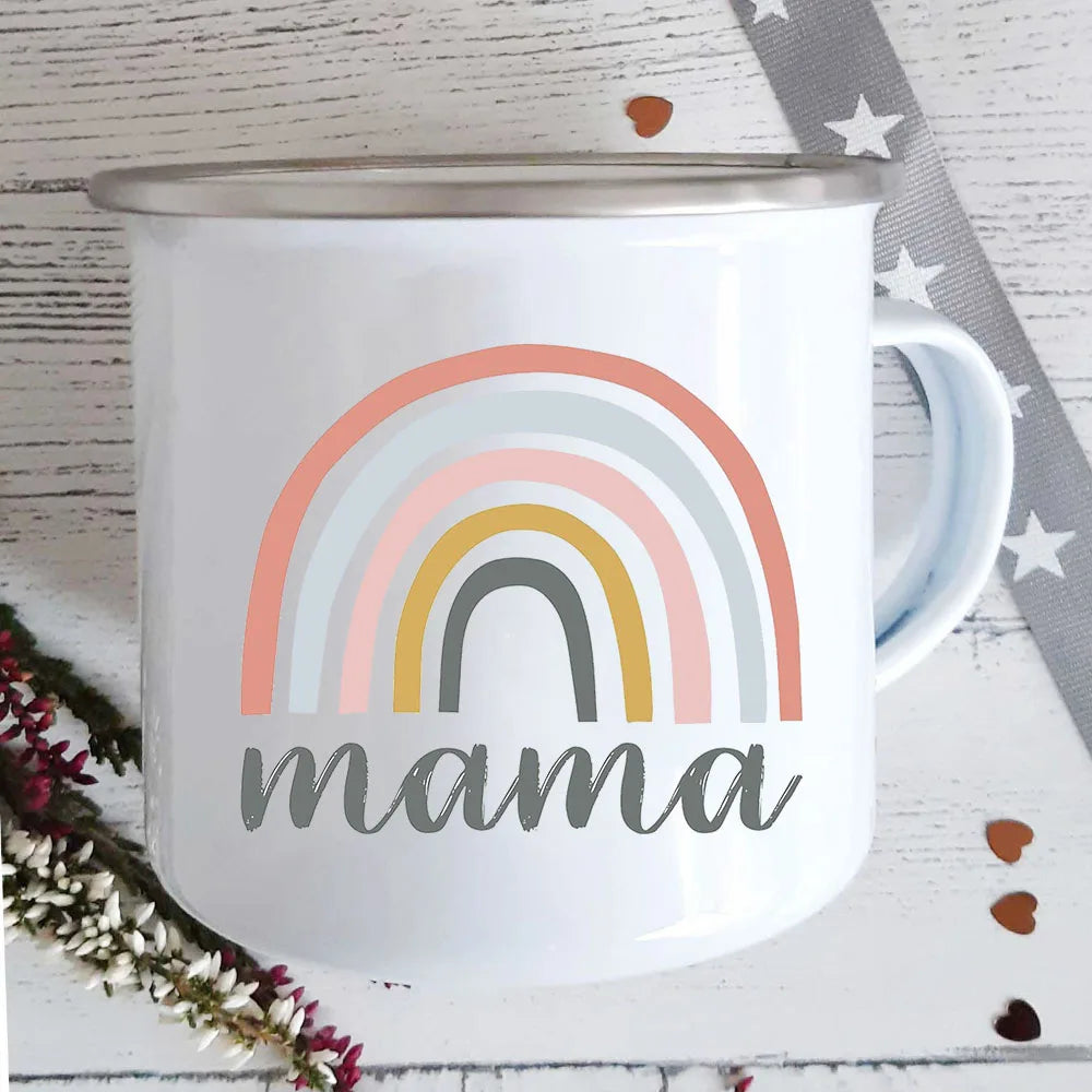 Mama Rainbow Print Enamel Mug | Home Party Wine Beer Drink Juice Cups | Kitchen Drinkware with Handle | Breakfast Milk Oat Mug | Holiday Gift ShopOnlyDeal