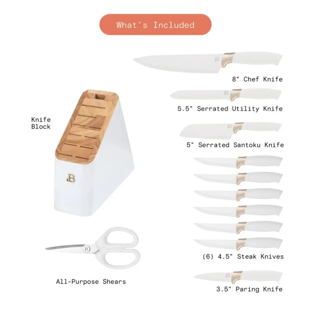 Beautiful 12 Piece Knife Block Set with Soft-Grip Ergonomic Handles White and Gold by Drew Barrymore ShopOnlyDeal