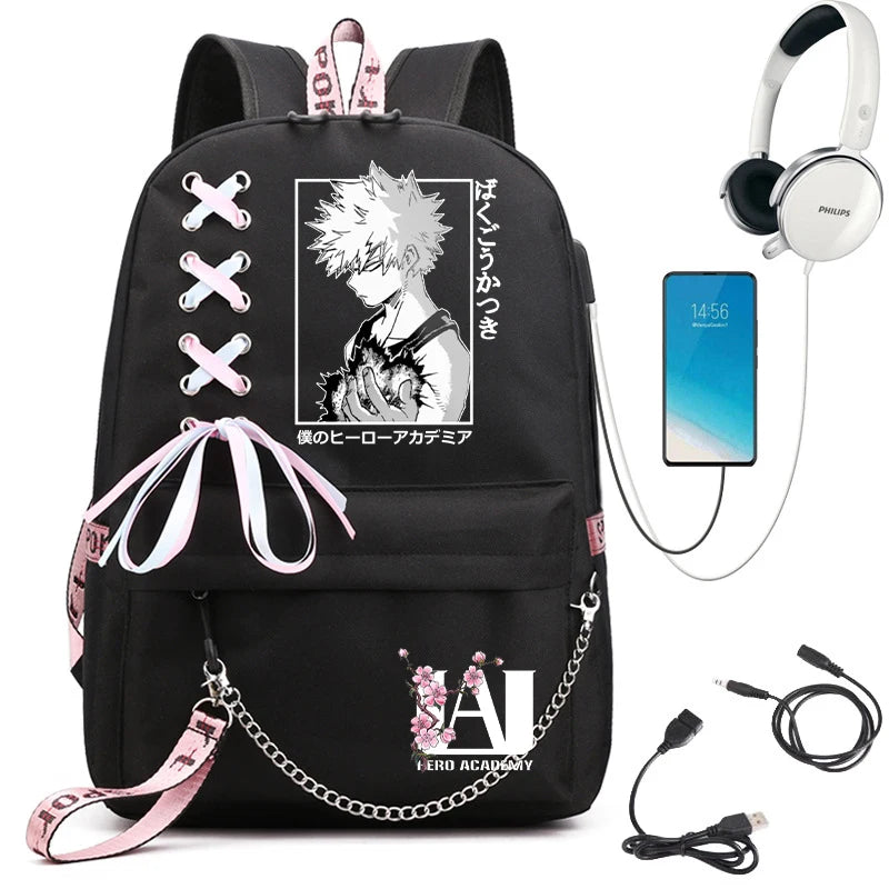 My Hero Academia Anime Women's Backpack | USB Port Ladies Travel Backpack | Shoulder Bag Featuring Katsuki Bakugo | Anime Trend Laptop Backpack ShopOnlyDeal