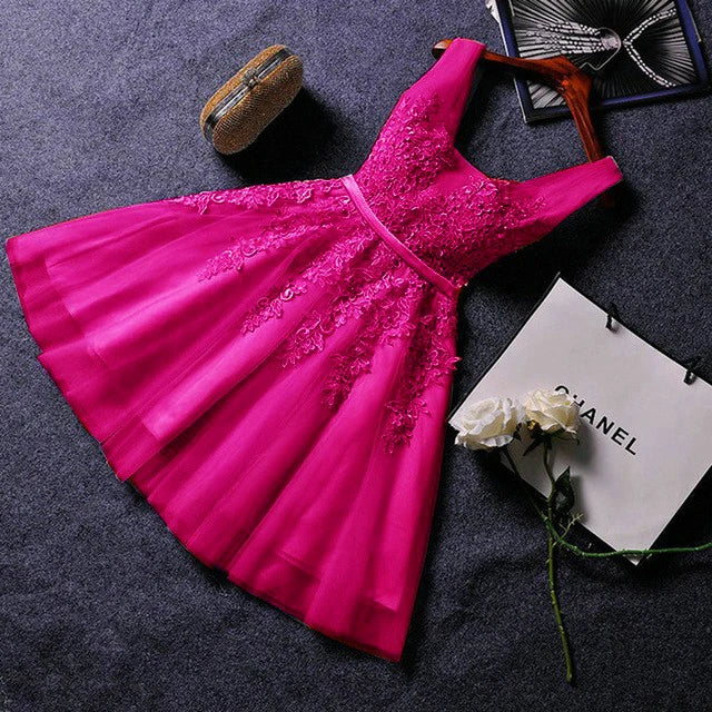 Elegant Pearl Pink Prom Dresses Sexy Prom Dress Short V Neck Appliques Beading Lace Up Knee-Length Graduation Party Gowns ShopOnlyDeal