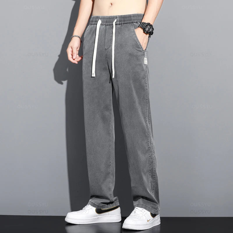 Summer Thin Soft Lyocell Fabric Jeans for Men | Loose Straight Wide Leg Pants | Drawstring Elastic Waist Casual Trousers | Plus Size M-5XL ShopOnlyDeal