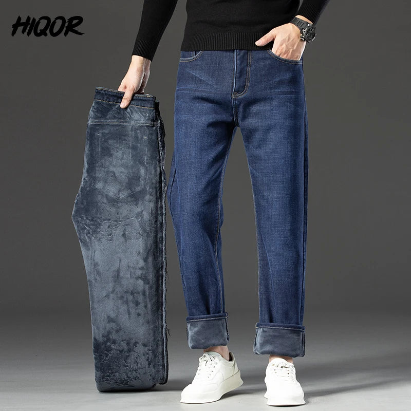 HIQOR Winter Fleece Thick Jeans Men Business Casual Straight Trousers Male Classic Blue Black Jeans For Men Work Denim Man Pants ShopOnlyDeal