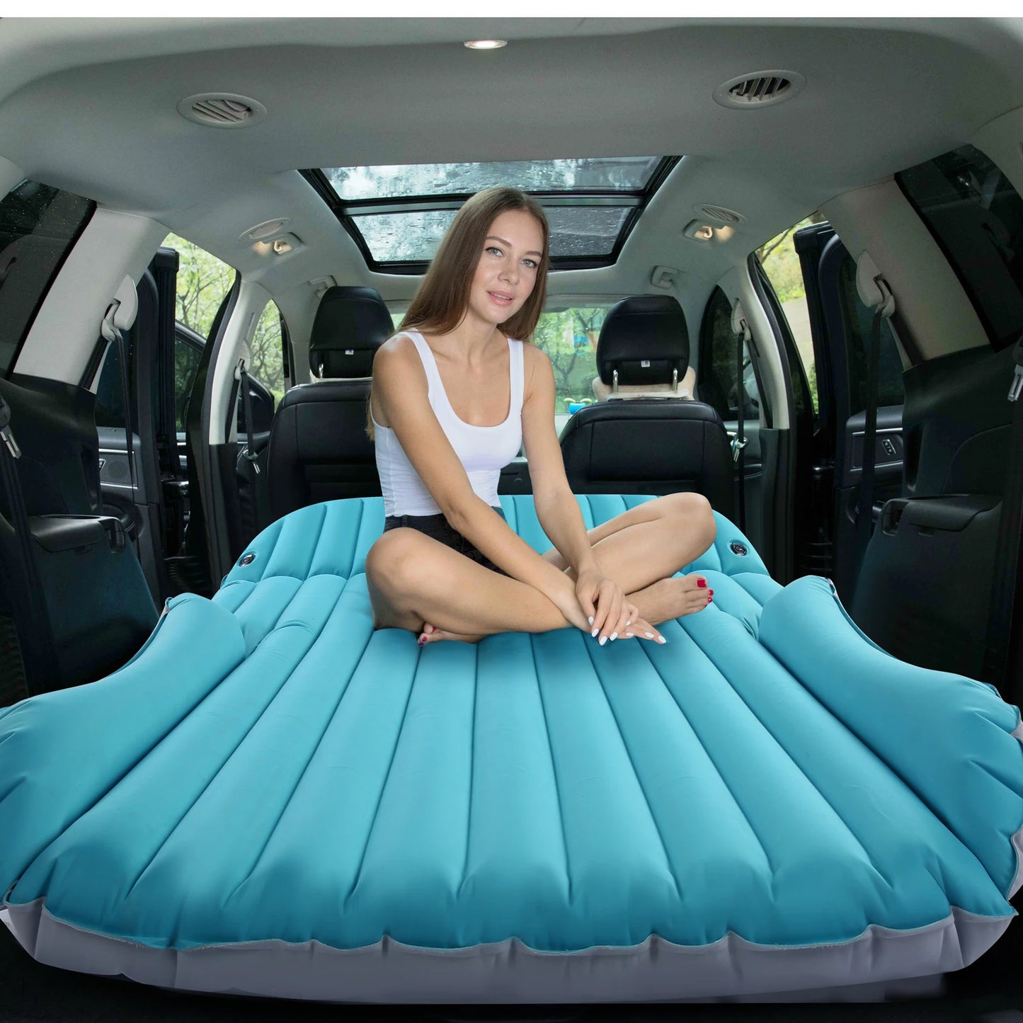 QDH SUV Air Mattress - Double-Sided Inflatable Camping Bed with Electric Pump for Trunk & Rear Seat Gray/Blue, No Pillows ShopOnlyDeal