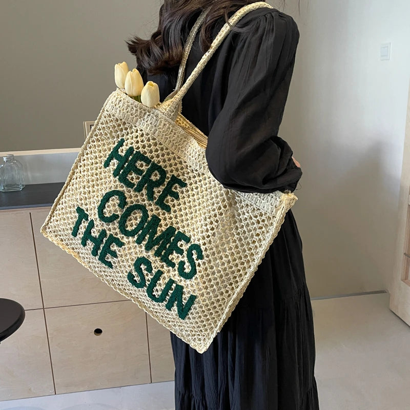 Summer Letter Design Women Weave Straw Shoulder Bag | 2024 Big Beach Tote Bags | Handmade Lady High-capacity Handbag ShopOnlyDeal