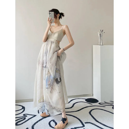 Summer Women's Suspender Strap Maxi Dress | Korean Fashion Antiquity Vintage Long Dress ShopOnlyDeal