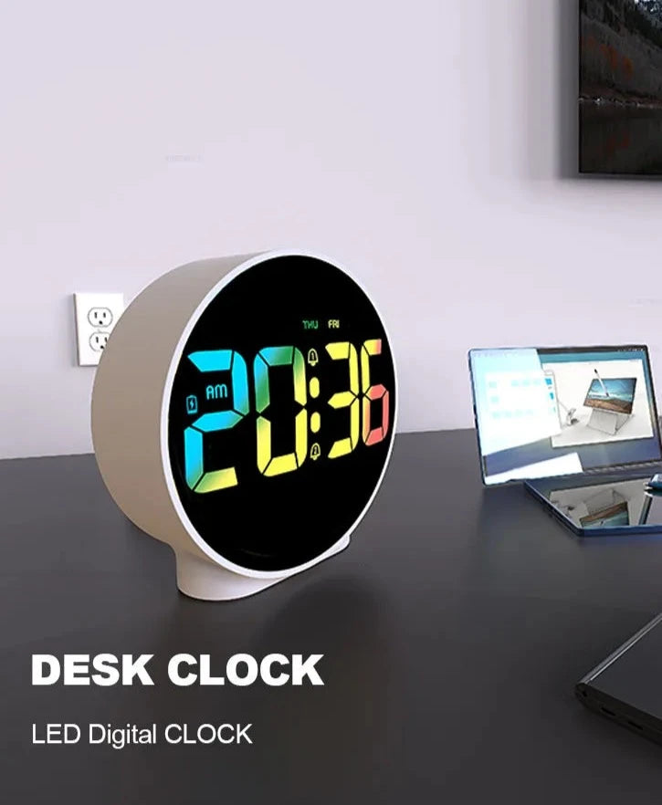 Round Alarm Clock with Snooze Calendar 12/24H Week Digital LED Tables Clock for Bedrooms Bedside Desk Shelf ShopOnlyDeal