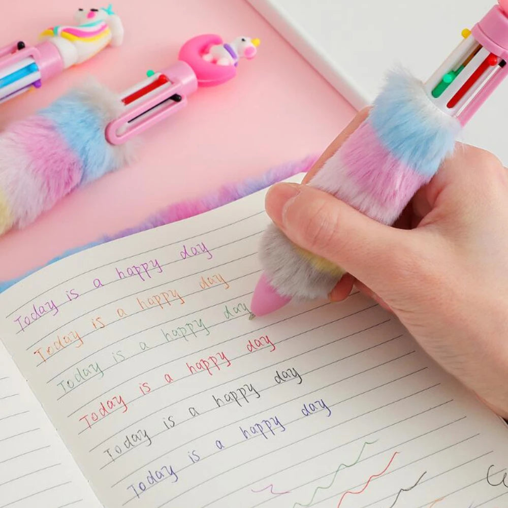 Kawaii Unicorn Fluffy 6 Colored Mechanical Ballpoint Pen | School & Office Writing Supplies | Stationery Gift ShopOnlyDeal