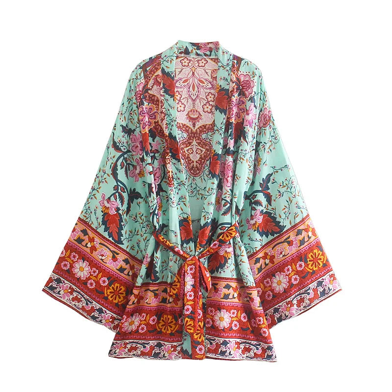 Vintage Peacock Floral Print Sashes Bohemian Kimono | Women V-Neck Batwing Sleeves Short Robe | Boho Bikini Cover-Ups ShopOnlyDeal