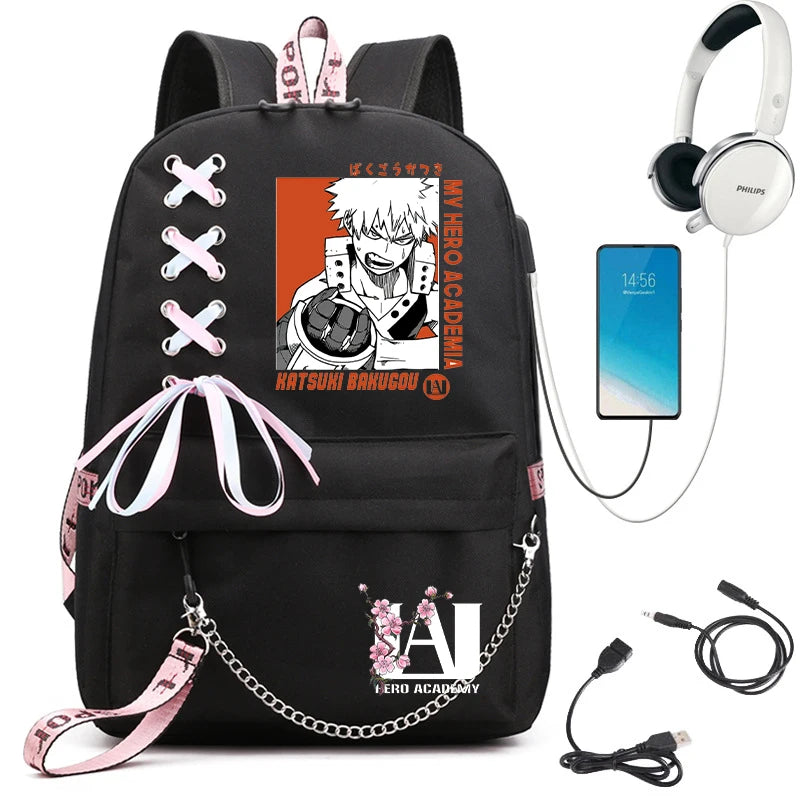 My Hero Academia Anime Women's Backpack | USB Port Ladies Travel Backpack | Shoulder Bag Featuring Katsuki Bakugo | Anime Trend Laptop Backpack ShopOnlyDeal