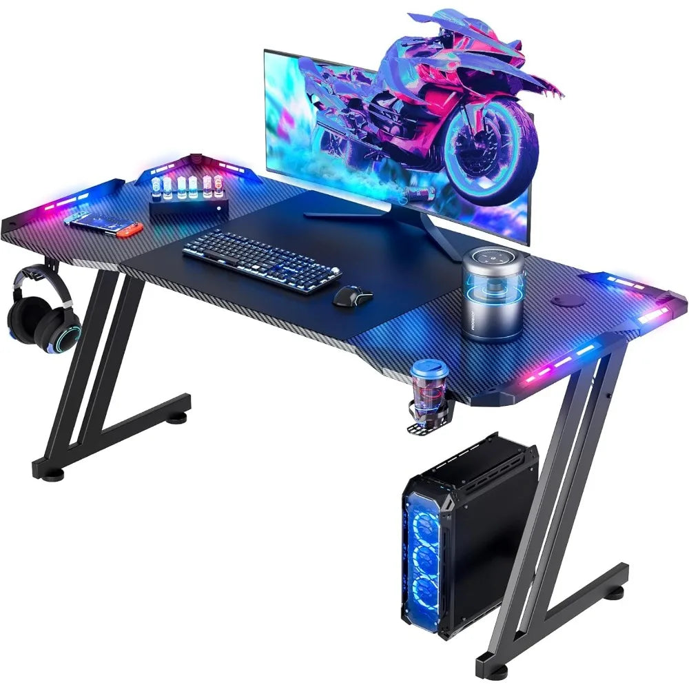 63 Inch Gaming Desk with LED Lights Carbon Fibre Surface Gaming Table Large Computer Desk Ergonomic Home Office Desks Z Shaped ShopOnlyDeal