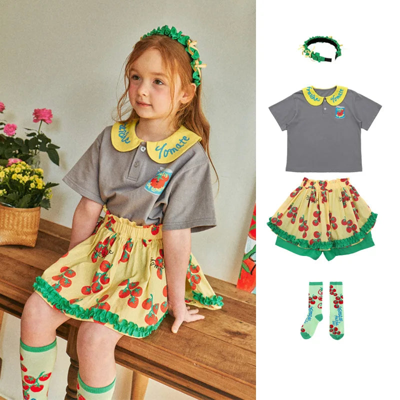 Girls Short-Sleeved Set 2024 | Summer New Printing Korean Cute Ruffle Short-Sleeved Top | Cotton Fashion T-Shirt | Children's Clothing ShopOnlyDeal