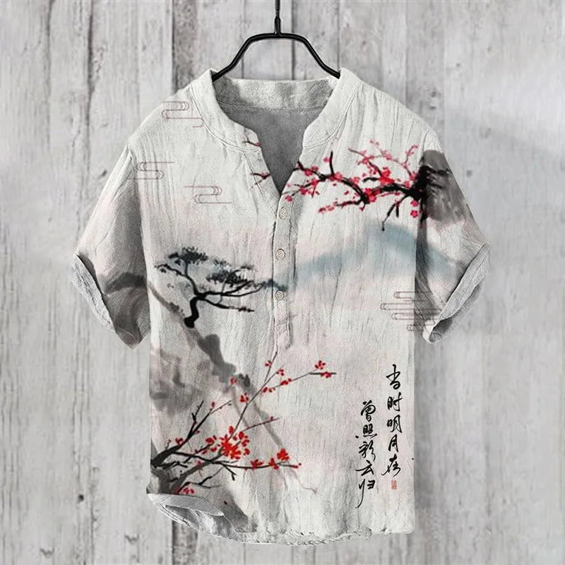 Japanese Art Popular European and American Wave Short-Sleeved Men's Shirts | Stand-Up Collar Shirts | Hawaiian Shirts | Men's Vacation Shirts ShopOnlyDeal