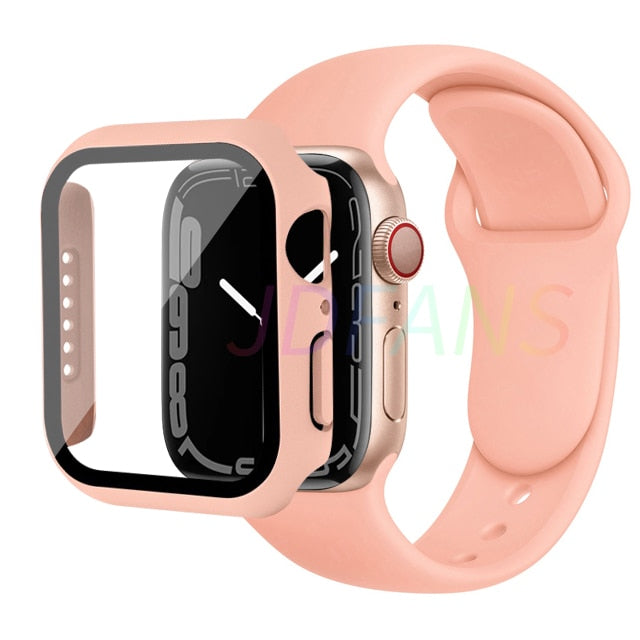 Glass+Case+Strap for Apple Watch 7 6 5 Band 41mm 45mm 44mm 40mm 38mm 42mm Screen Protectors for Apple IWatch Series 7 6 SE 5 3 4 ShopOnlyDeal