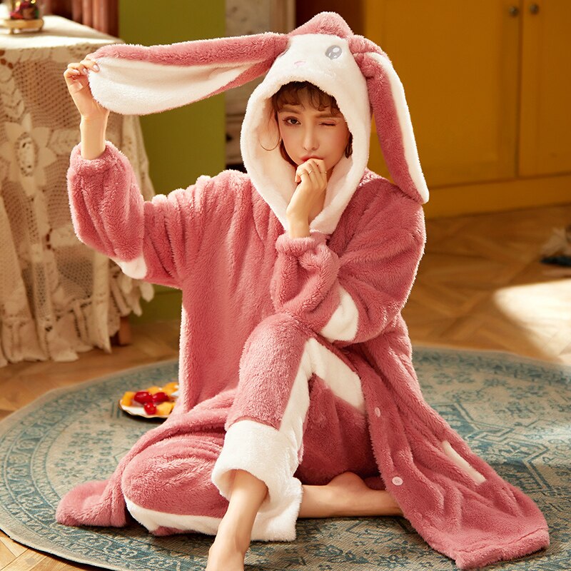 Kawaii Pajamas Women Warm Sweet Hooded Nightgown Winter Flannel Kawaii Home Clothes Female Cute Soft Chic Robes 2XL ShopOnlyDeal