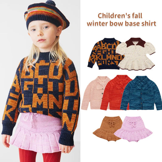 Children's sweater 2024 MP Autumn/Winter retro pastoral style baby girls warm pullover knitted cardigan half skirt set ShopOnlyDeal