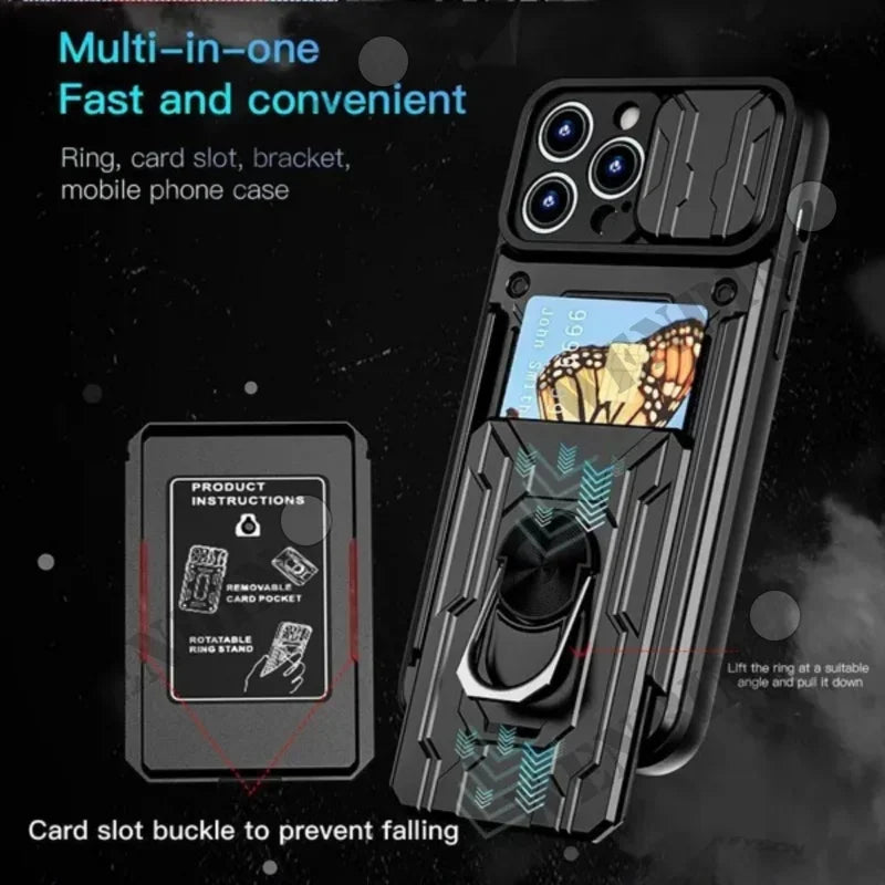 Case For iPhone 15 14 Pro Max 13 12 Pro Max XR X 8 7 Plus SE Slide Stand Ring Camera Military Grade Card Slot Cover ShopOnlyDeal