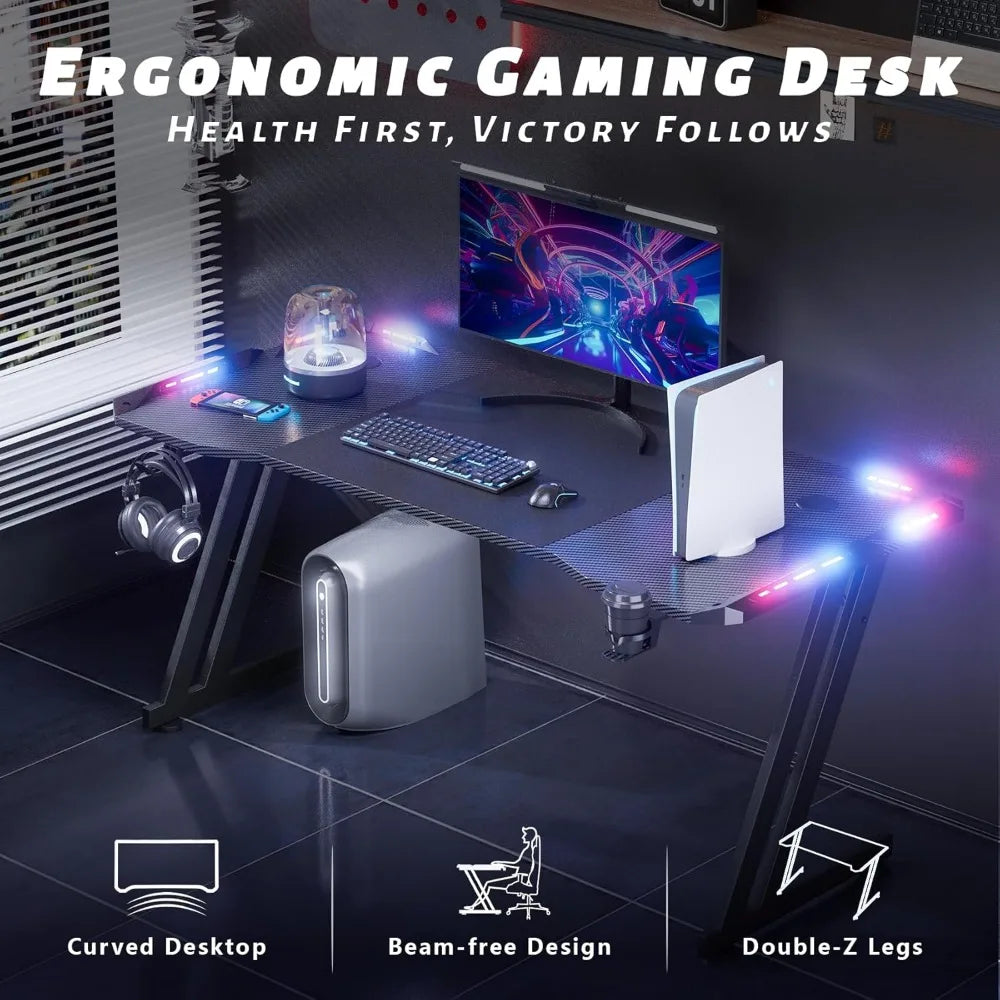 63 Inch Gaming Desk with LED Lights Carbon Fibre Surface Gaming Table Large Computer Desk Ergonomic Home Office Desks Z Shaped ShopOnlyDeal