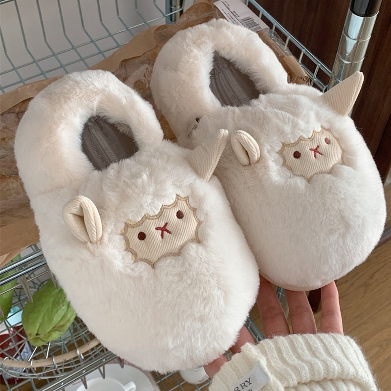 Shevalues Cute Lamb Cotton Slippers Women Fashion Indoor Furry Plush Slippers Female Winter Bedroom Warm Fluffy Cozy Home Shoes ShopOnlyDeal