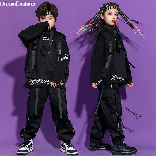 Boy Hip Hop & Girl High Collar Vest Cargo Pants Outfits | Child Sweatshirt Joggers Street Dance | Kids Waistcoat Streetwear Costumes ShopOnlyDeal