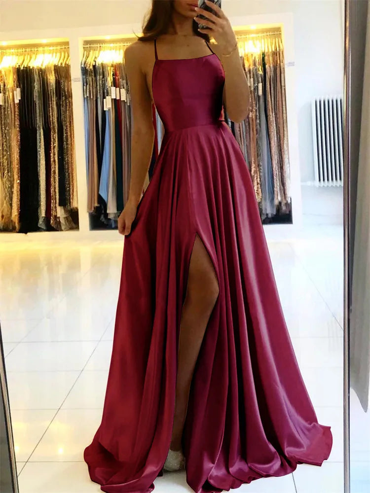 Burgundy Satin Beach Maxi Women Dress for Christmas Sexy Side Slit Adjustable Straps Evening Prom Celebration Bridemaids Dress ShopOnlyDeal