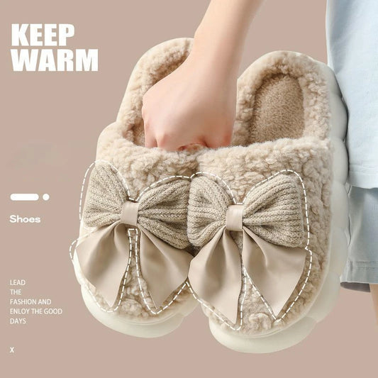 Cotton Bowknot Slippers Ladies Winter indoor Home Warm Fluffy Shoes Comfortable Slippers 3.5CM Thick Sole Antislip ShopOnlyDeal