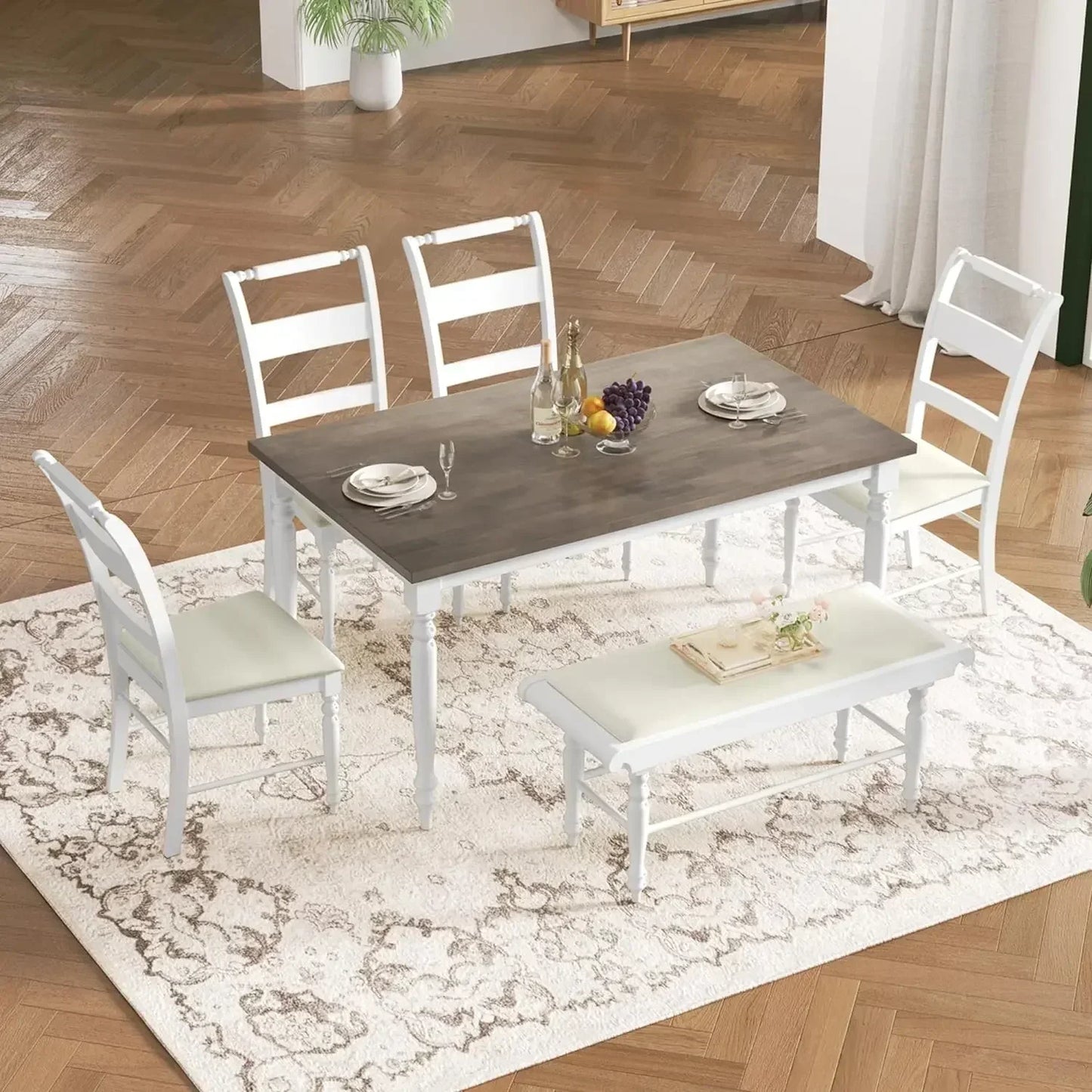 Wood Dining Table Set for 6 with 4 Chair & Bench， Kitchen Table and Chairs，Household dining table set ShopOnlyDeal