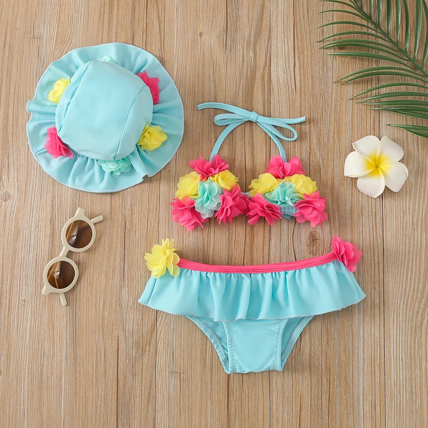 Infant Baby Girls Three-piece Bathing Suit, Flower Halter Neck Swimming Tops, Bottoms and Sun Protection Cap ShopOnlyDeal