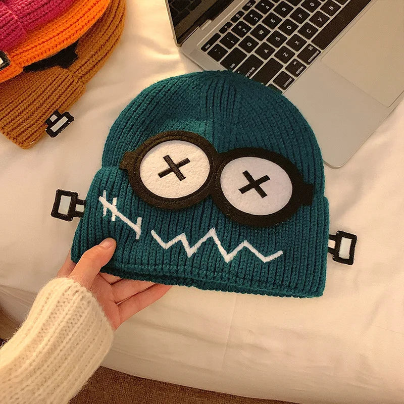 Kpop Cute Cartoon Cuff Beanie Cap Women's Candy Color Big Eyes Smile Skullies Hat Fashion Streetwear Student Warm Winter Knitted ShopOnlyDeal