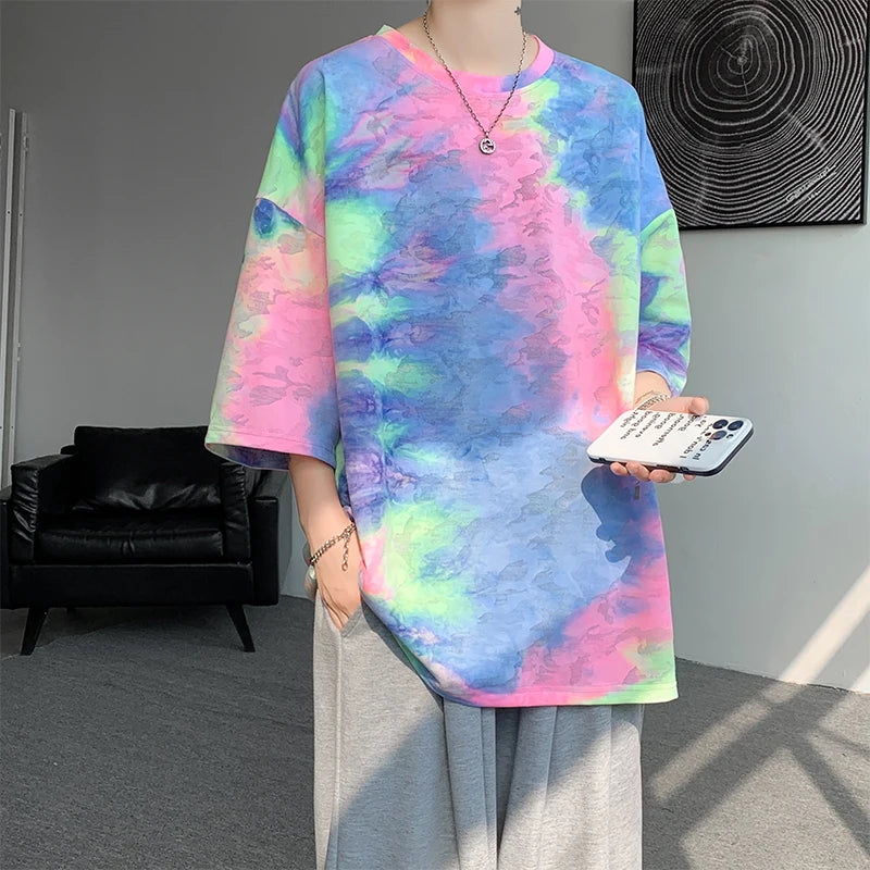 Tie-Dye T-shirt for Men | Korean Streetwear 2024 | Summer Short Sleeve Tee Tops | O-neck Tshirts | Oversized T-Shirt | Couple Tees ShopOnlyDeal